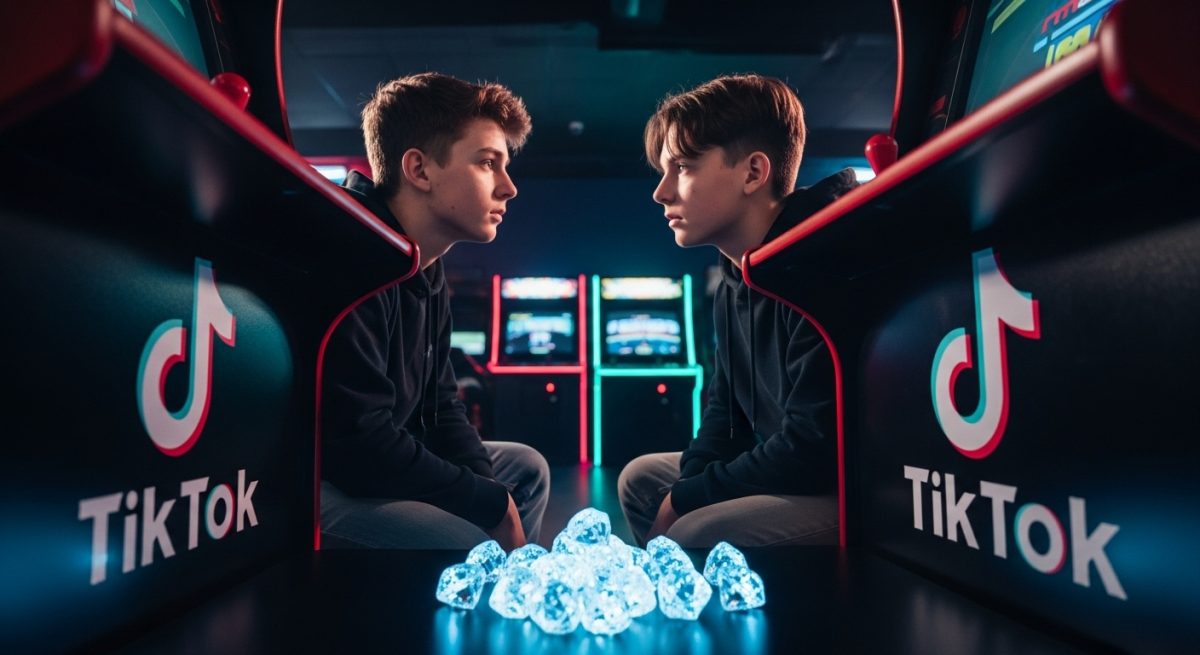 Competidores en una arcade con logo de TikTok en cabina
