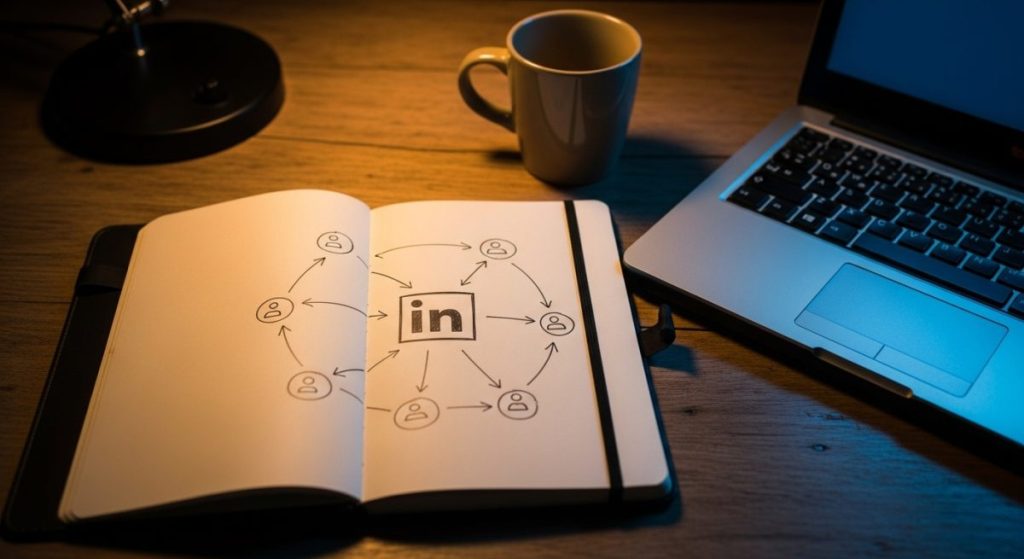 Cuaderno Moleskine abierto con diagrama de red profesional y logo LinkedIn