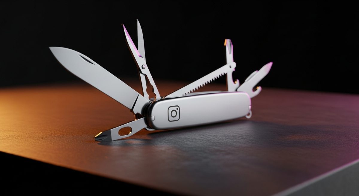 Cuchillo suizo moderno con herramientas desplegadas y logo de Instagram