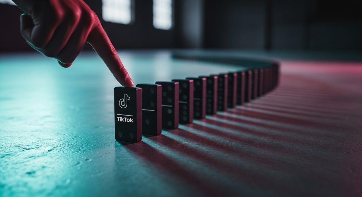 Dedo a punto de tumbar primer dominó con logo de TikTok