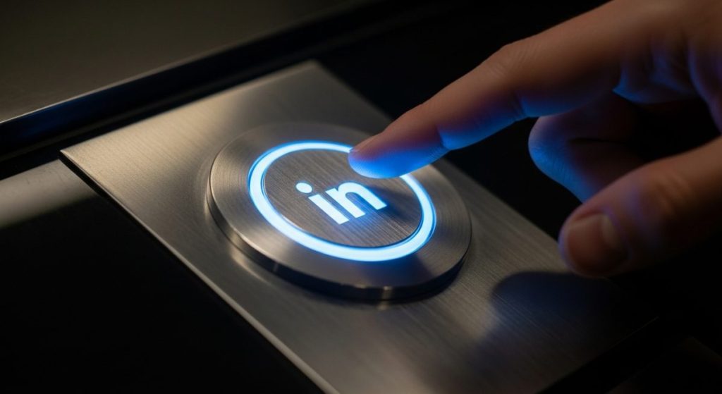 Dedo índice cerca de un botón futurista con logo de LinkedIn