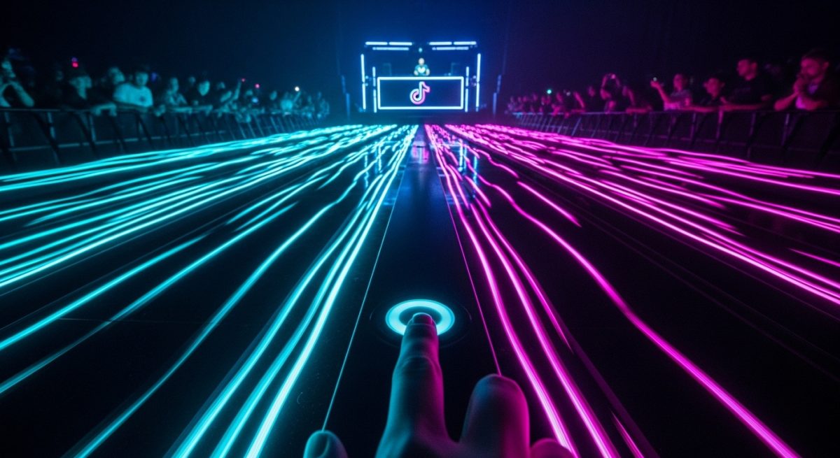 Dedo presionando un botón en barandilla de concierto futurista