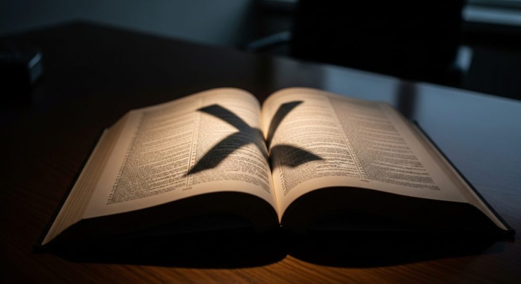 Diccionario antiguo abierto sobre escritorio de madera oscura