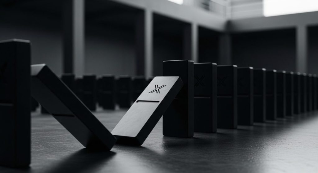 Dominó negro mate con logo X cayendo en patrón de dominós