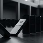 Dominó negro mate con logo X cayendo en patrón de dominós
