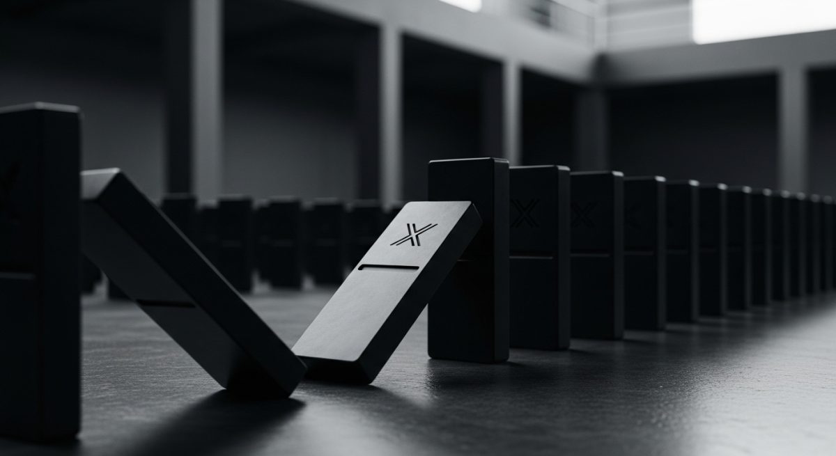 Dominó negro mate con logo X cayendo en patrón de dominós