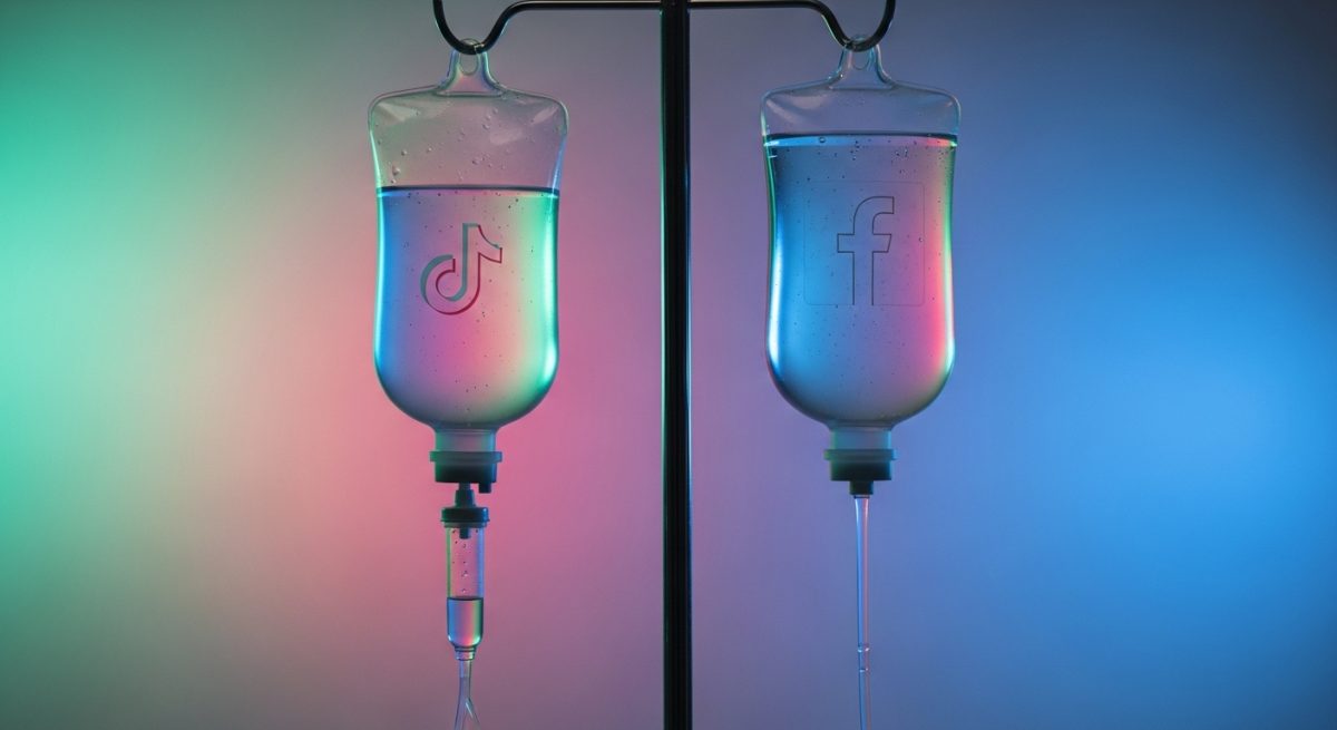 Dos bolsas intravenosas vintage con logotipos de TikTok y Facebook