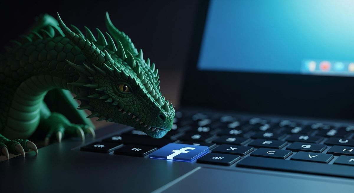 Dragón verde esmeralda realista sobre teclado de laptop con logo Facebook
