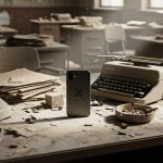Escritorio polvoriento con un smartphone negro y logo X