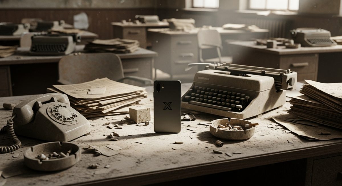 Escritorio polvoriento con un smartphone negro y logo X