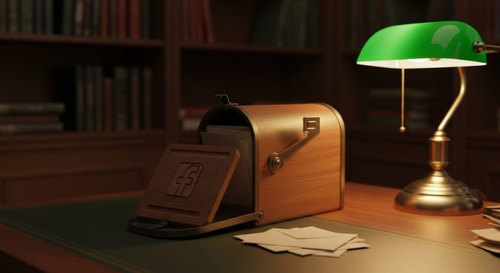 Escritorio vintage con buzón elegante y logo de Facebook tallado
