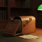 Escritorio vintage con buzón elegante y logo de Facebook tallado