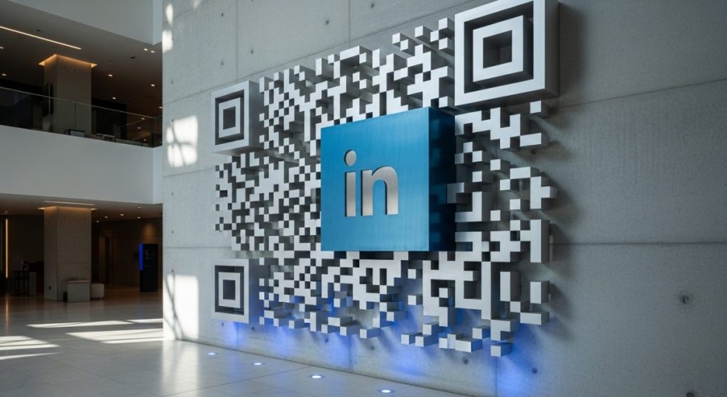 Escultura de código QR minimalista con logo de LinkedIn en metal azul