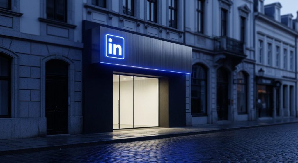 Fachada moderna con logo de LinkedIn iluminado en azul