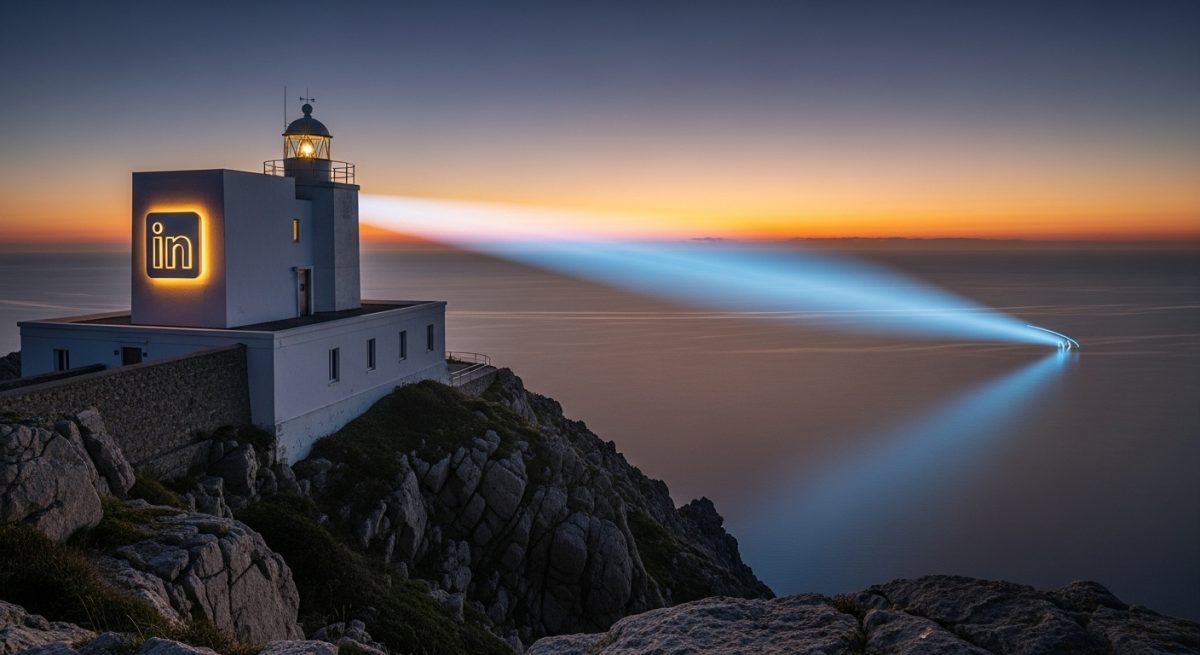 Faro blanco moderno con logo de LinkedIn iluminando el mar