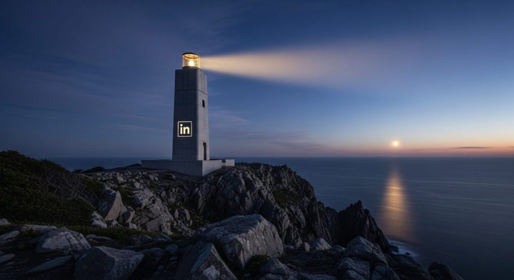 Faro de concreto moderno con logo de LinkedIn en la base
