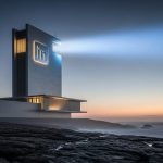 Faro moderno con logo LinkedIn en costa rocosa al atardecer