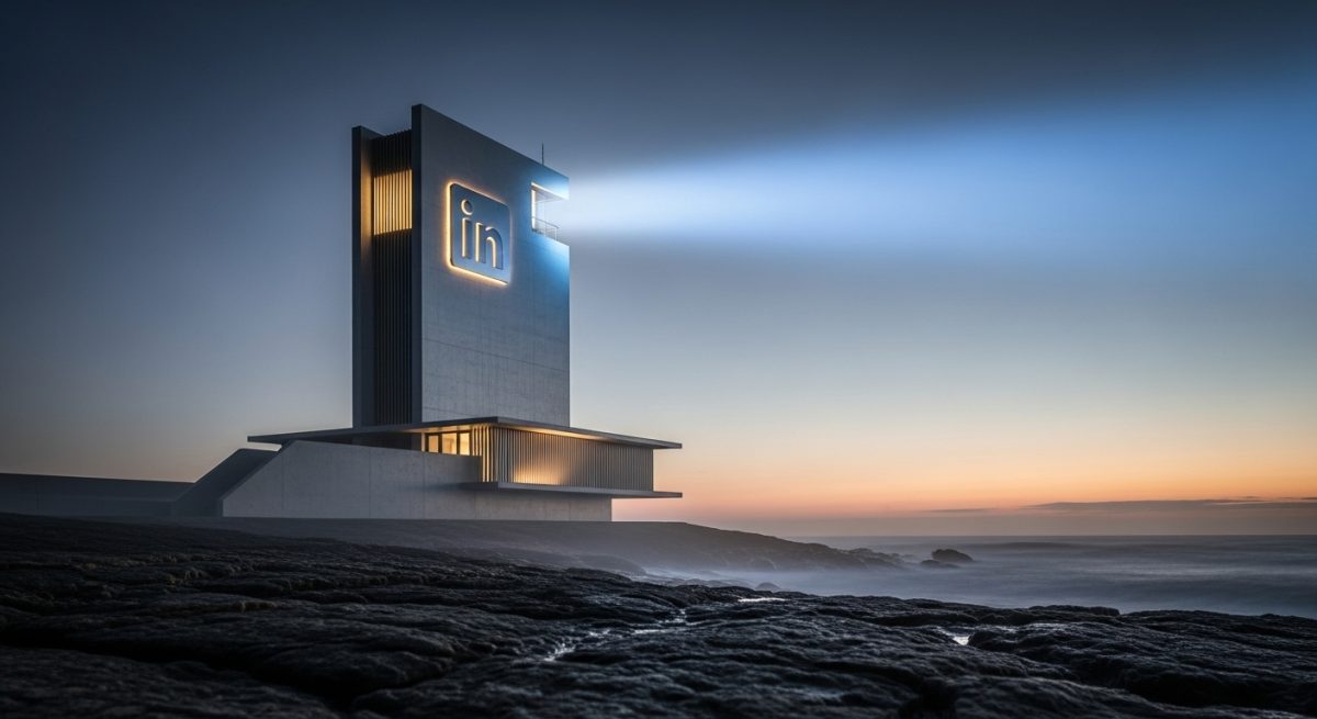 Faro moderno con logo LinkedIn en costa rocosa al atardecer