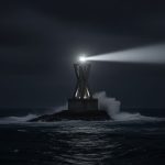 Faro moderno en roca en mar oscuro iluminado por luz blanca