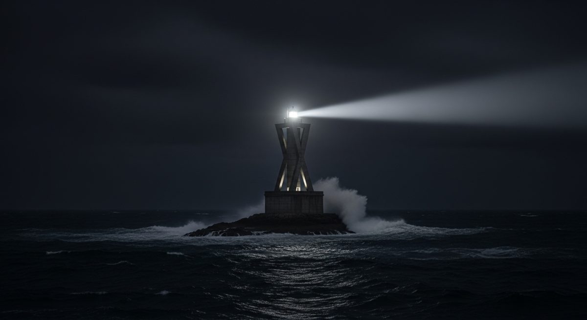 Faro moderno en roca en mar oscuro iluminado por luz blanca