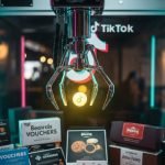 Garra metálica de máquina de arcade sosteniendo un token brillante