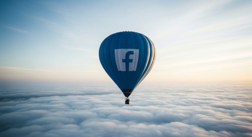 Globo aerostático azul con logo de Facebook en el lateral