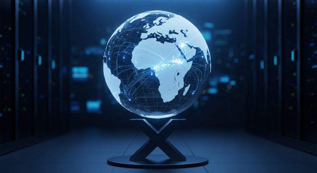 Globo translúcido mostrando continentes en soporte metálico con logo X