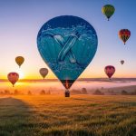 Globos aerostáticos coloridos al amanecer con diseño de logo X minimalista