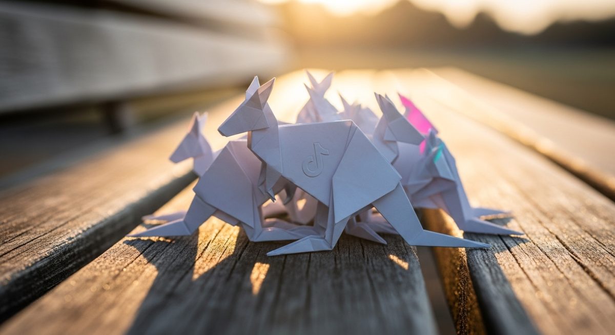 Grupo de canguros de origami blanco con logo de TikTok