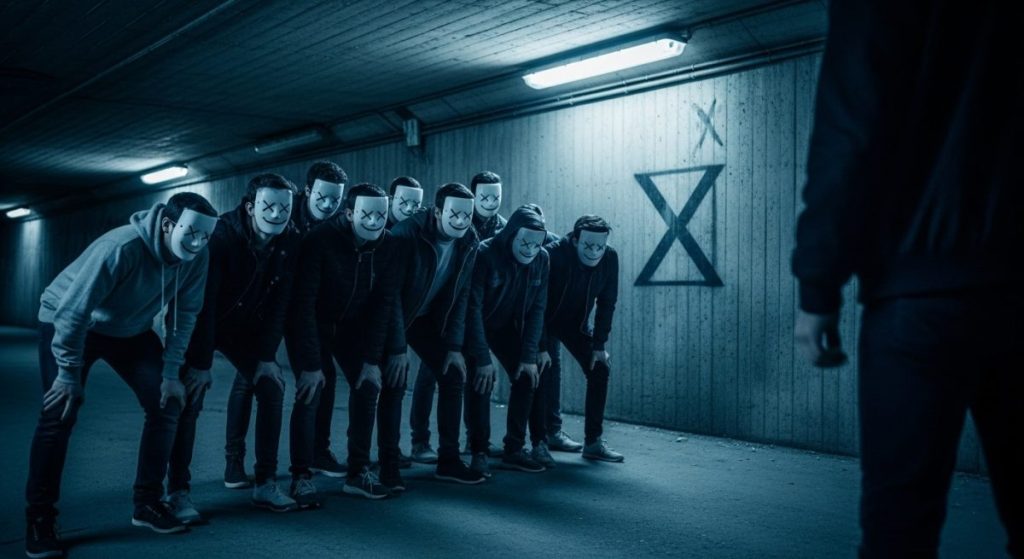 Grupo de jóvenes con máscaras blancas y logo X en graffiti