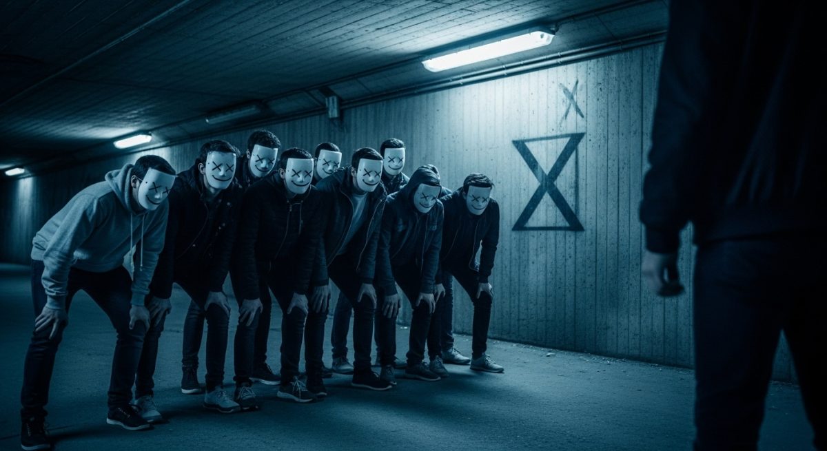 Grupo de jóvenes con máscaras blancas y logo X en graffiti