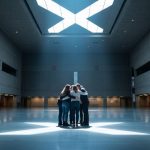 Grupo de personas conversando en atrio minimalista con luz X