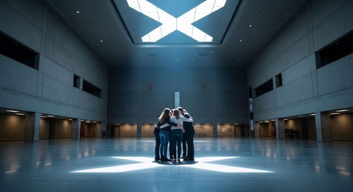 Grupo de personas conversando en atrio minimalista con luz X