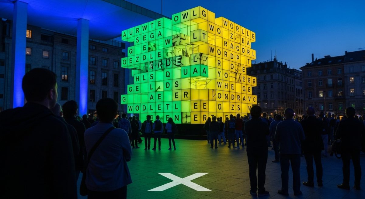 Instalación de Wordle con cubos brillantes en plaza moderna