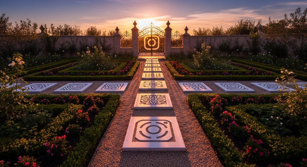 Jardín con piedras únicas y puerta decorativa con logo Instagram