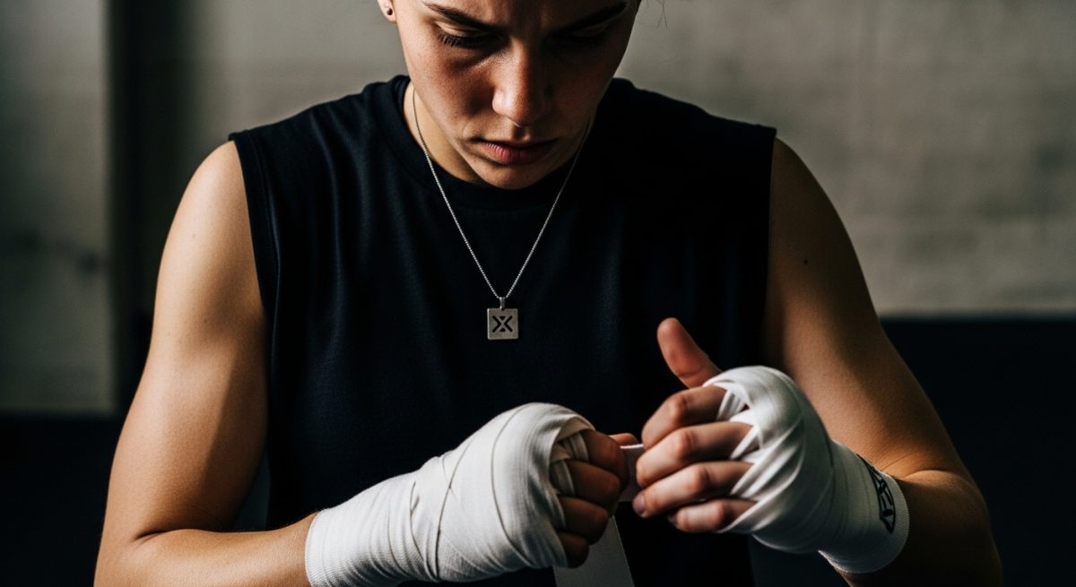 Joven envolviendo manos con cinta de boxeo y colgante X