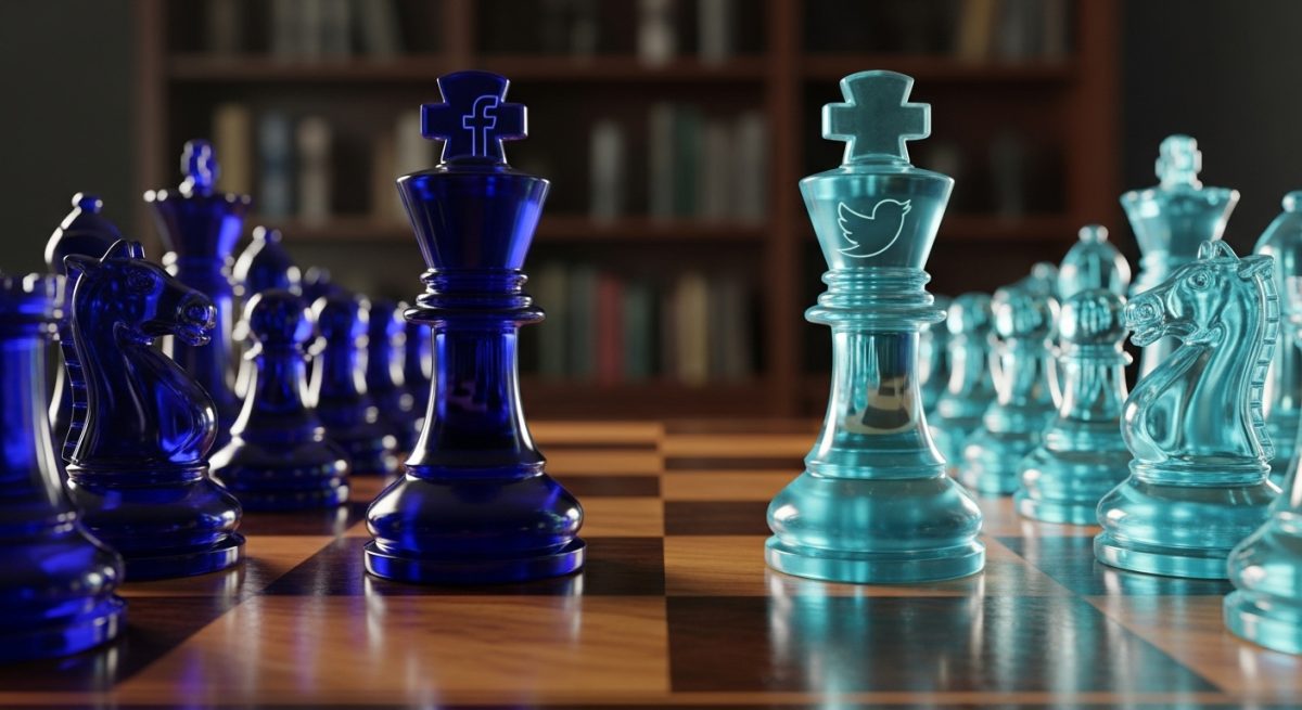 Juego de ajedrez con piezas azules y logos de Facebook y Twitter