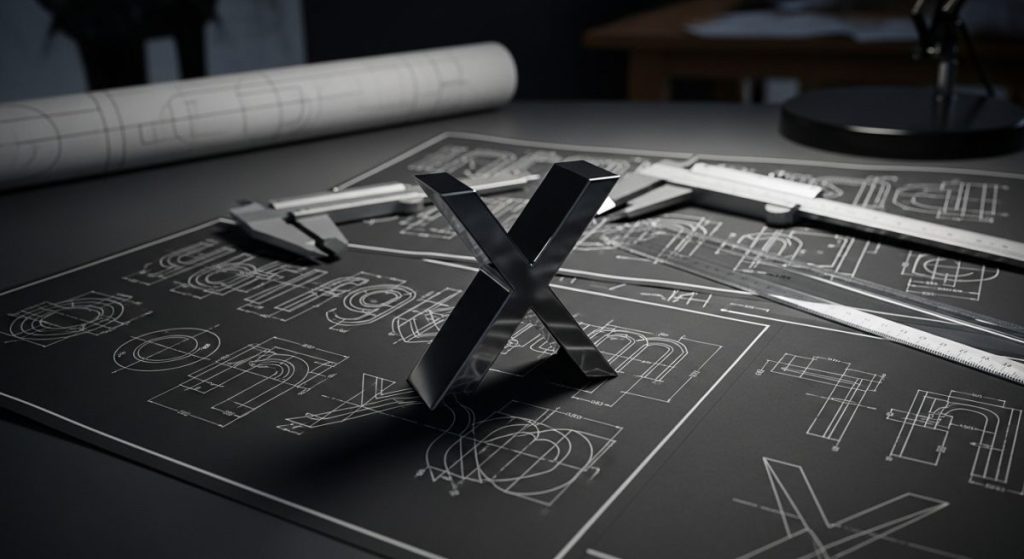 Letra X minimalista de metal negro en mesa de dibujante
