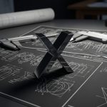 Letra X minimalista de metal negro en mesa de dibujante