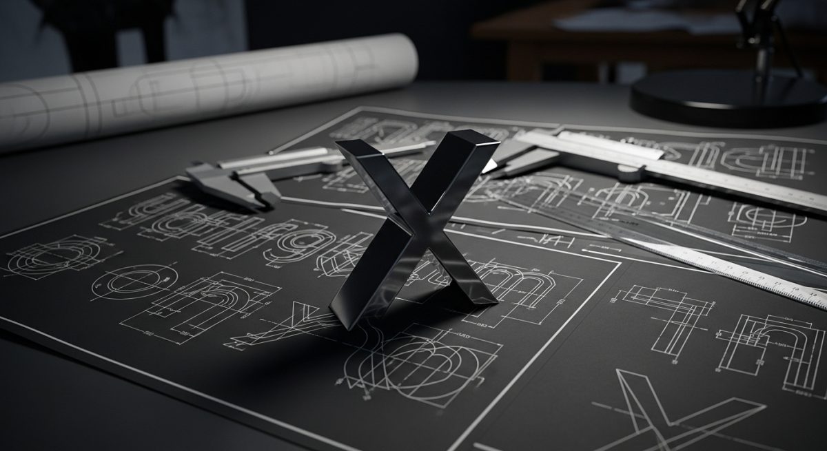Letra X minimalista de metal negro en mesa de dibujante