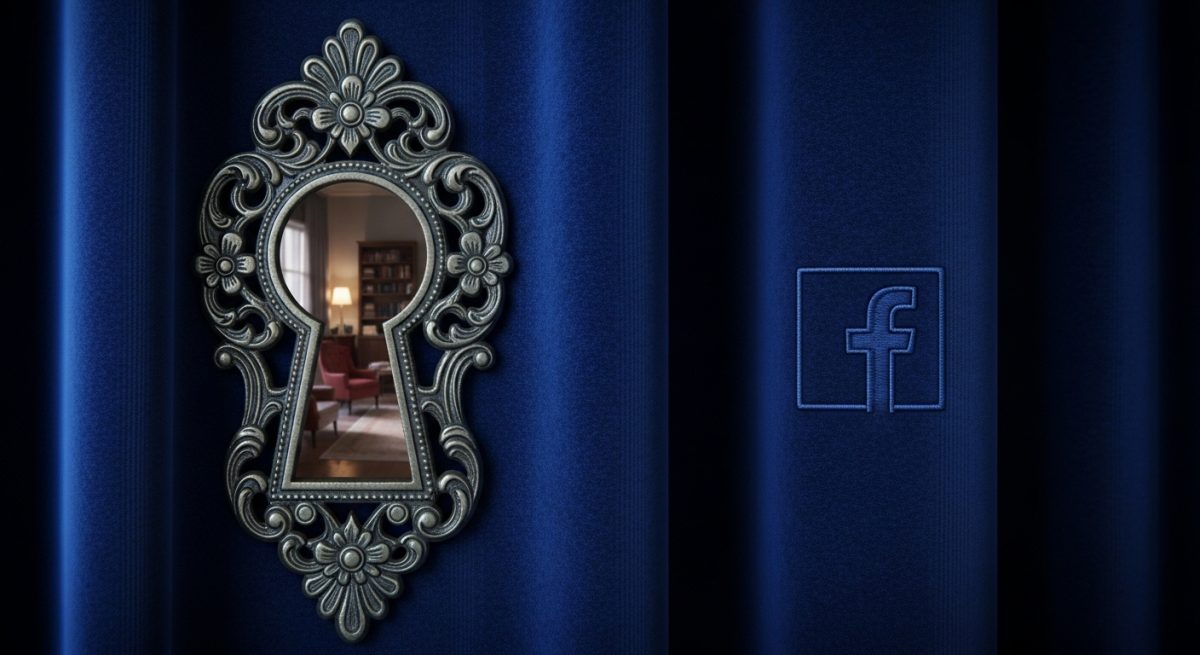 Llave antigua en cortina azul con logo de Facebook bordado