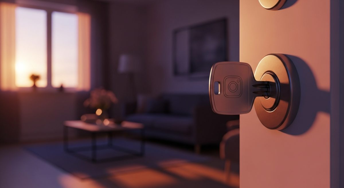 Llave con logo de Instagram en puerta minimalista