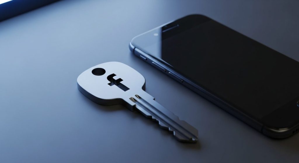 Llave metálica con logo de Facebook sobre escritorio oscuro minimalista