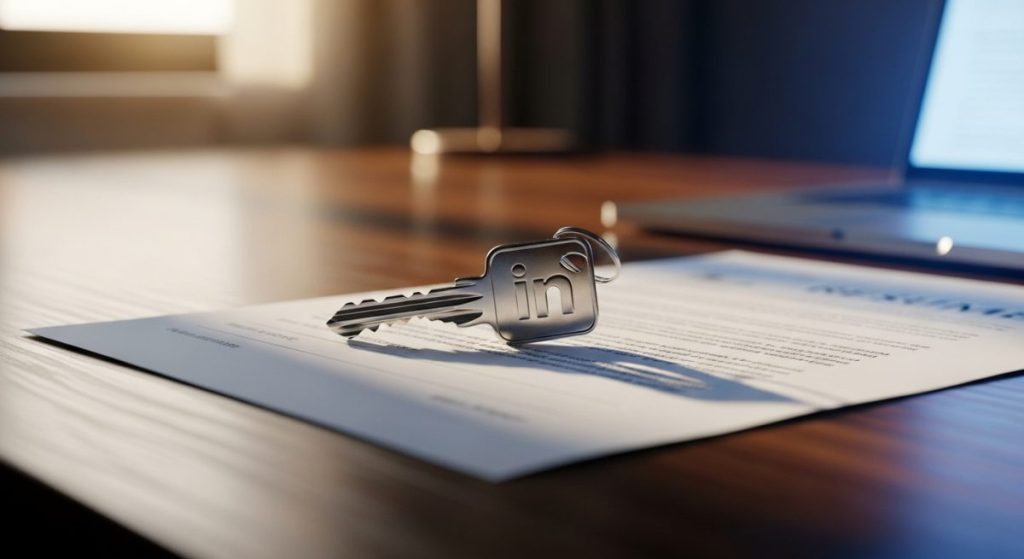 Llave metálica pulida con forma de logo de LinkedIn sobre currículum