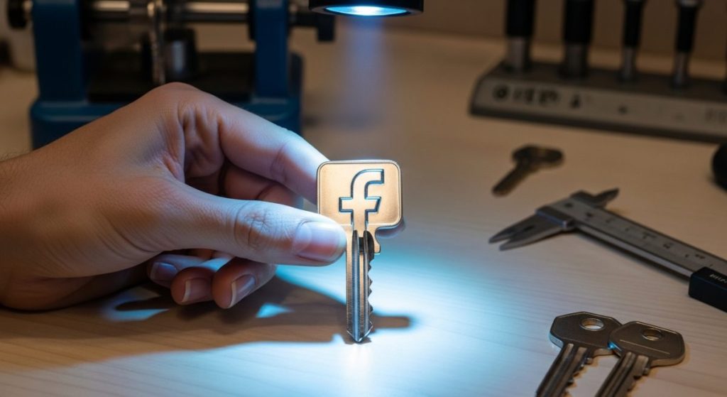 Llave moderna con logo de Facebook f sostenida en mano