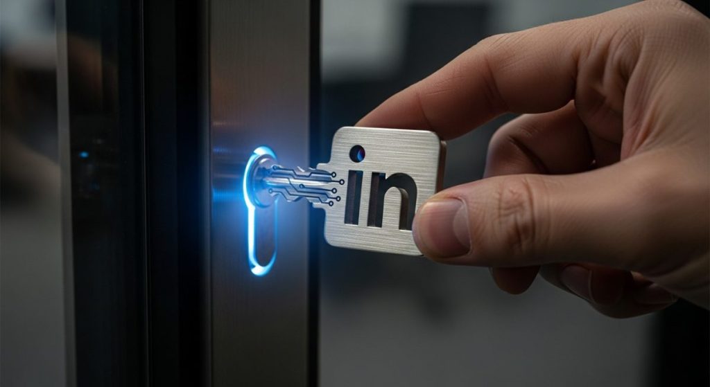 Llave personalizada con logo de LinkedIn insertándola en puerta moderna