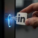 Llave personalizada con logo de LinkedIn insertándola en puerta moderna