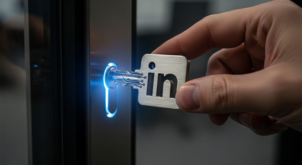 Llave personalizada con logo de LinkedIn insertándola en puerta moderna