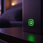 Logotipo de cámara Instagram con luz verde en dispositivo moderno