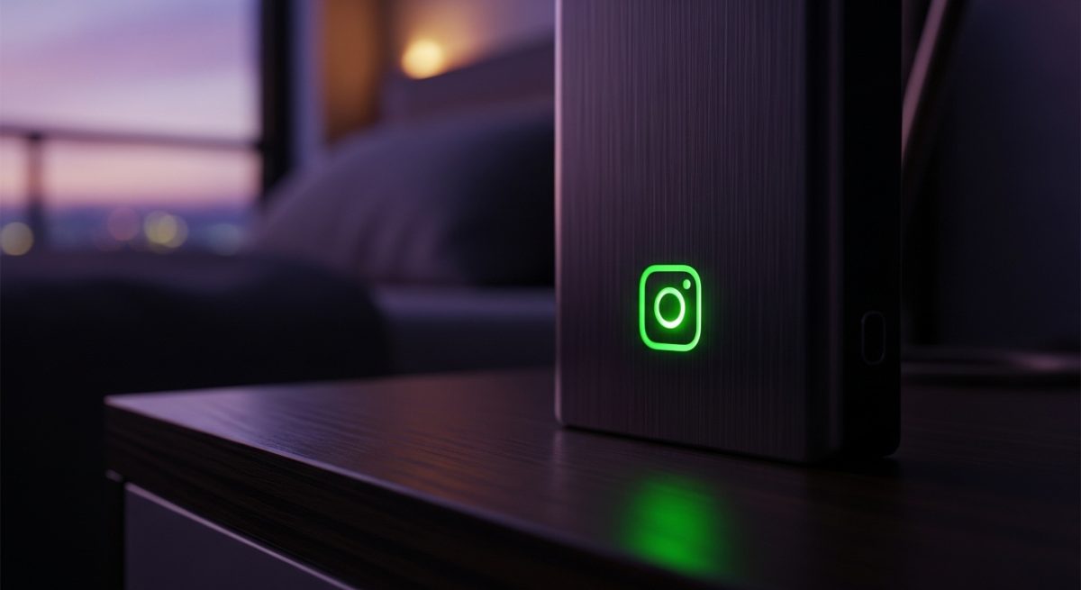 Logotipo de cámara Instagram con luz verde en dispositivo moderno